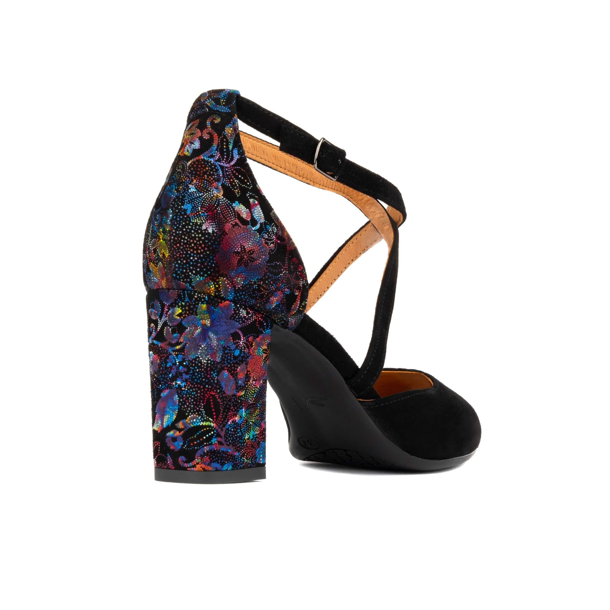 Kylie - Black Flower - Women's strappy 3 inch heel in black suede leather - Image 4