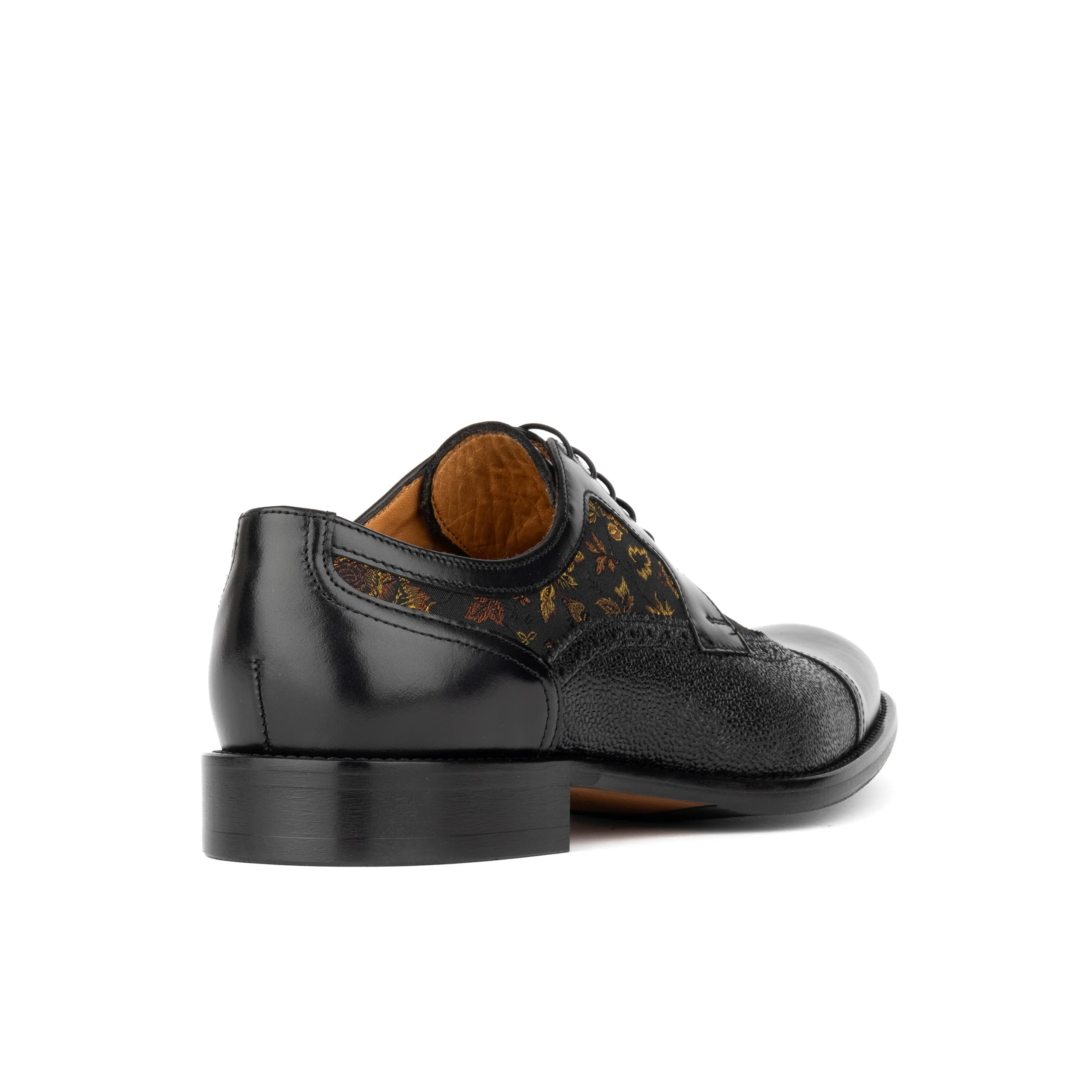 Orlando - Black & Yellow Flowers - Men's toe cap dressy black shoe with flower print leather - Image 4